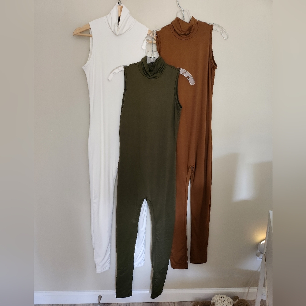 Sleeveless Jumpsuit Trio - White, Olive, Brown